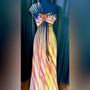NWT Anny Lee Jeweled One-Shoulder Yellow, Orange, Black Maxi Dress, XS